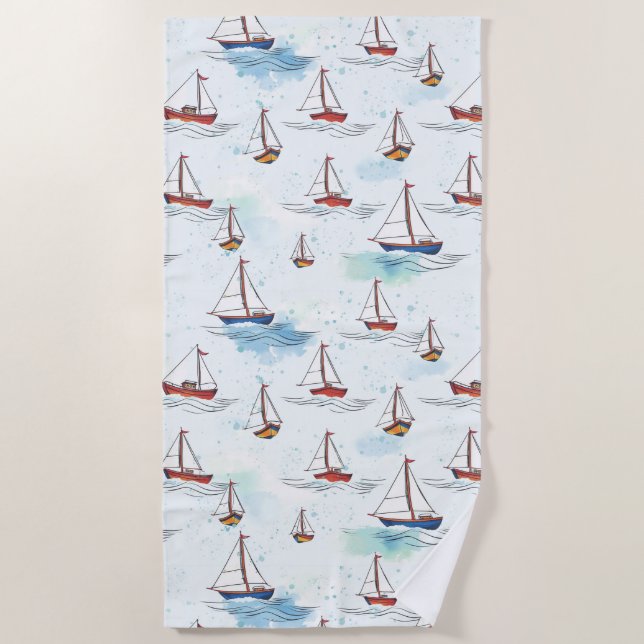 Serene Blue Red Sailing Boote auf Sea Pattern Strandtuch (Vorderseite)