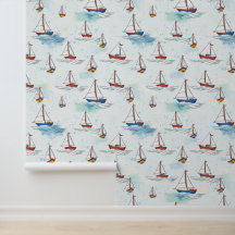 Serene Blue Red Sailing Boote auf Sea Pattern