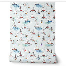 Serene Blue Red Sailing Boote auf Sea Pattern Tapete