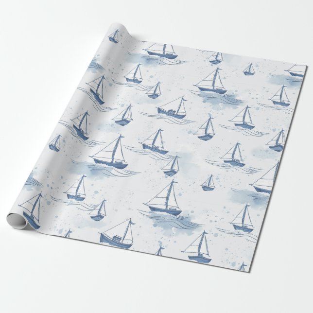 Serene Blue White Sailing Boote auf Sea Pattern Geschenkpapier (Ungerollt)