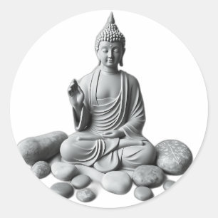 Serene Buddha mit Steinen und Pflanze Runder Aufkleber