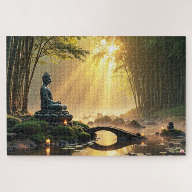 Serene Buddha Statue in einem Friedlichen Bambuswa (Horizontal)