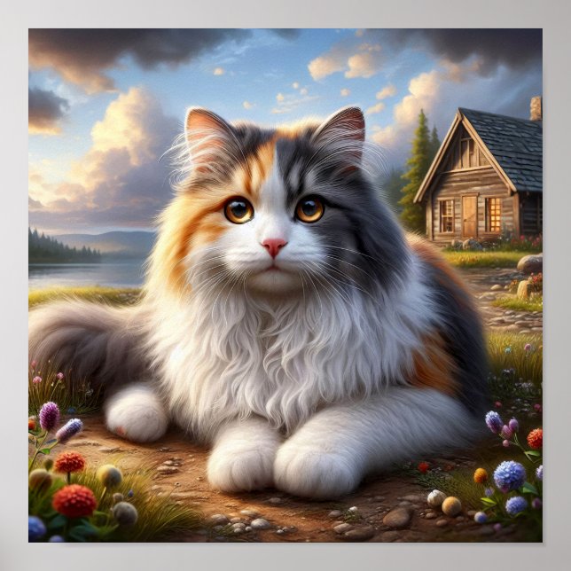 Serene Calico Katze in einer ruhigen Landschaft Poster (Vorne)
