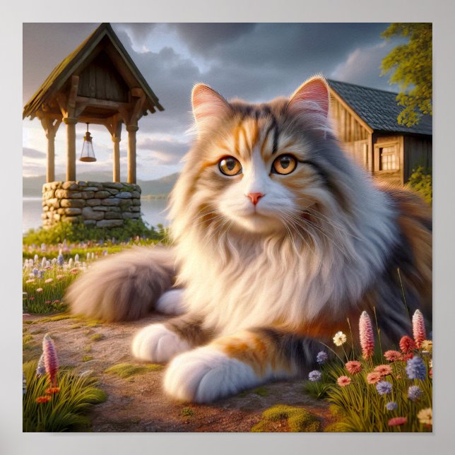 Serene Calico Katze in einer ruhigen Landschaft Poster (Vorne)