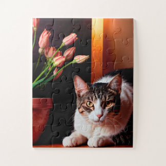 Serene Cat and Tulips Puzzle