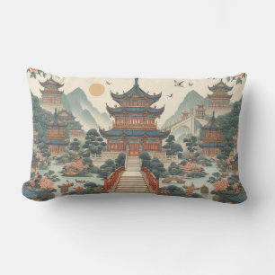 Serene Chinoiserie Pagoda Landschaftlich in Asien  Lendenkissen