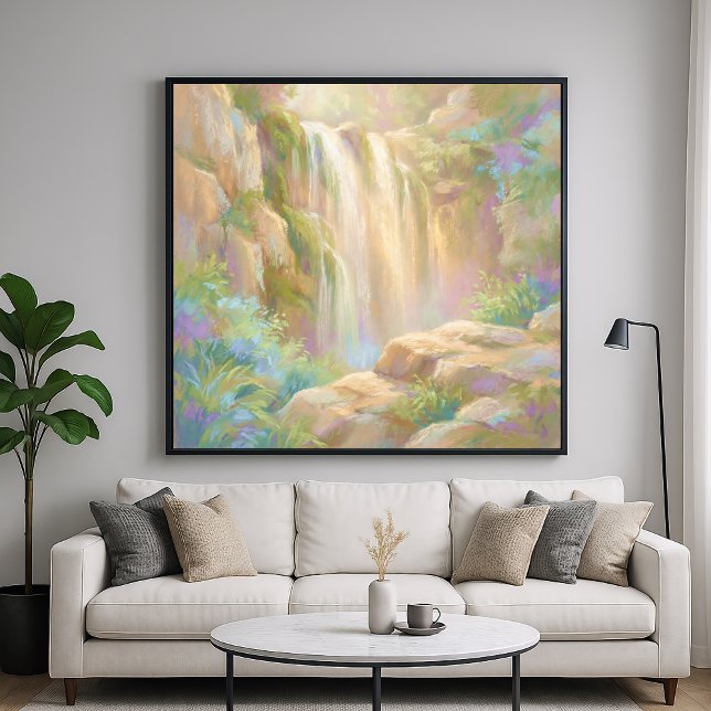 Serene Cliff Wasserfall - Kunst im Pastell-Malstil Poster (Von Creator hochgeladen)