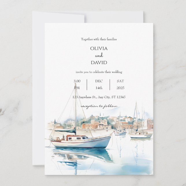 Serene Coastal Town Sailboats Hafen Hochzeit Einladung (Vorderseite)