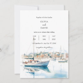 Serene Coastal Town Sailboats Hafen Hochzeit Einladung