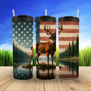 Serene Deer mit Patriotic Flag Thermosbecher