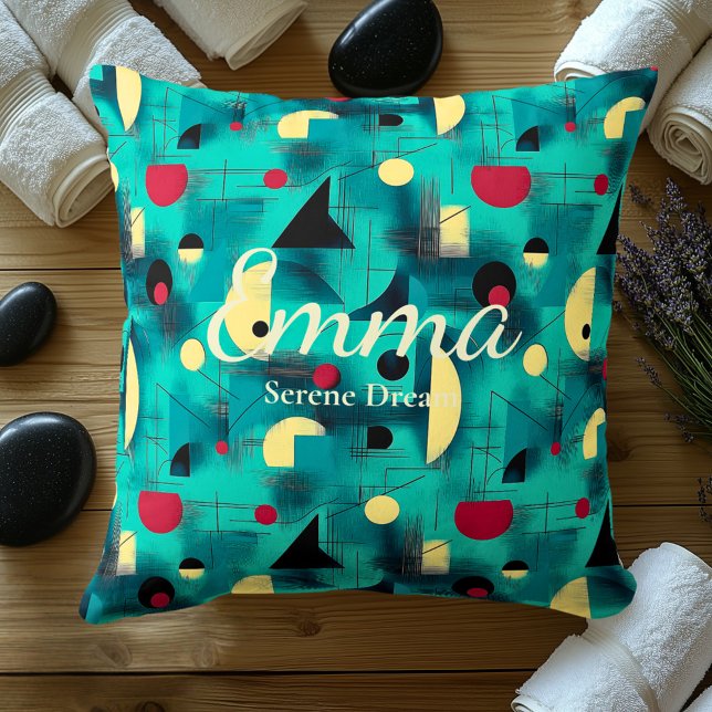Serene Dream - Aquamarines und rotes geometrisches Kissen (Von Creator hochgeladen)