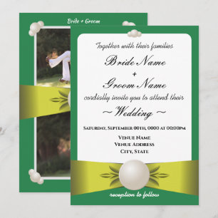 Serene Emerald & Yellow Pearl Ribbon Foto Wedding Einladung