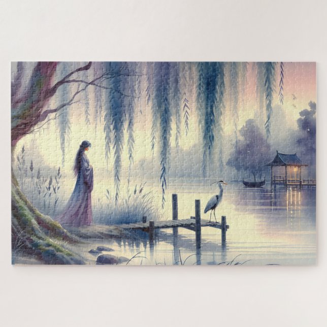 Serene Fantasy Lake mit Willow und Heron (Horizontal)