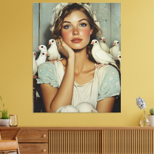 Serene Farm Maiden White Doves - Symbol des Friede Leinwanddruck