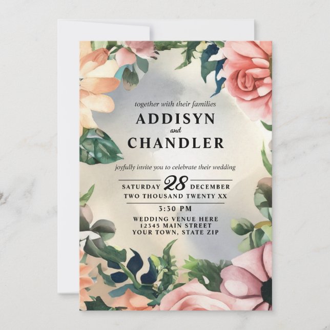 Serene Garden Wreath: Pastel Floral Elegante Einladung (Vorderseite)