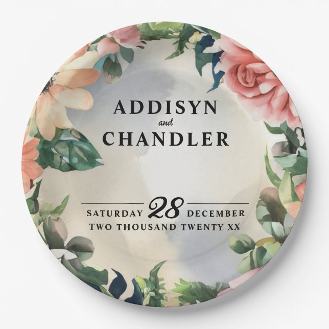 Serene Garden Wreath: Pastel Floral Elegante Pappteller (Vorderseite)