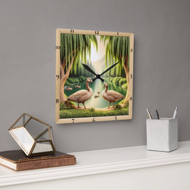 Serene Geese Rive Quadratische Wanduhr (Büro)