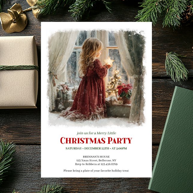 Serene girl awaits Santa editable Christmas invite Einladung (Serene girl awaits Santa editable Christmas invitation)