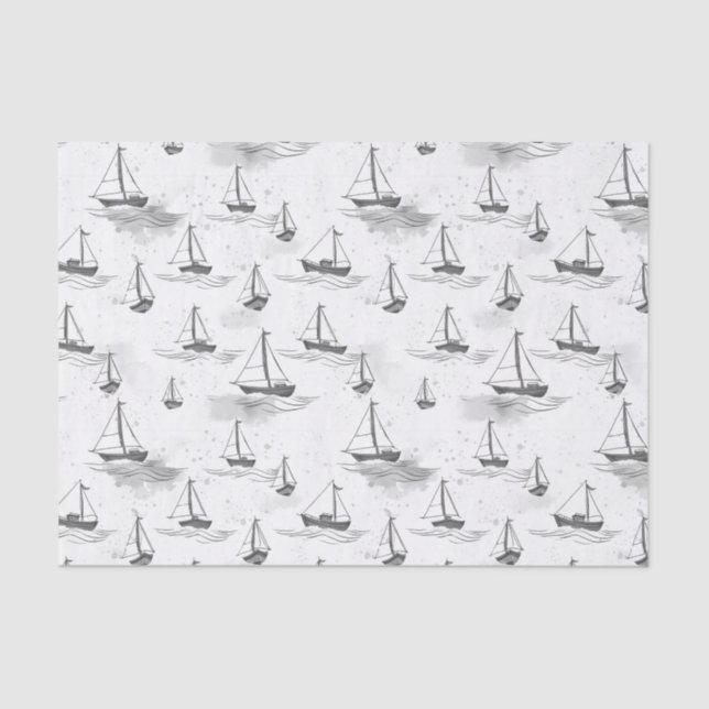 Serene Gray White Sailing Boote auf Sea Pattern Seidenpapier (Vorderseite)