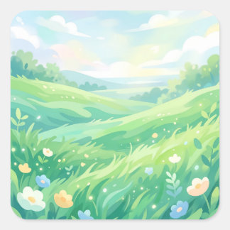 Serene Green Meadow and Spring Flowers Quadratischer Aufkleber
