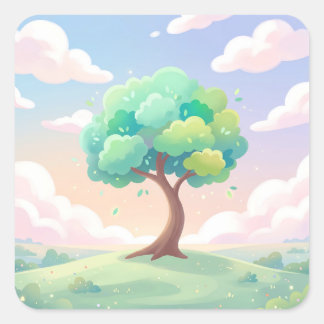 Serene Green Tree and Pastel Clouds Quadratischer Aufkleber