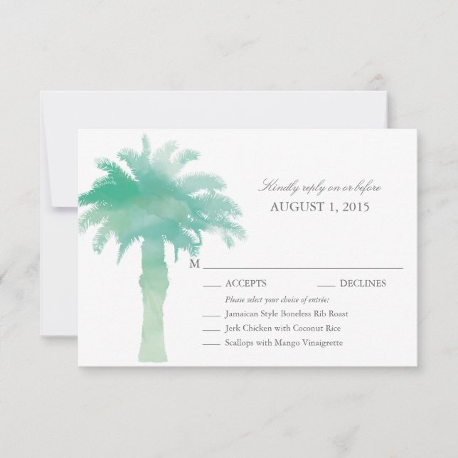 Serene Green Watercolor Palm Tree Wedding RSVP (Vorderseite)