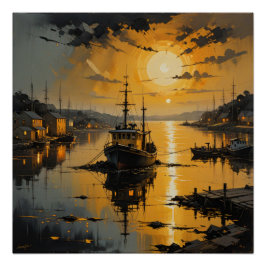 serene harbor at sunset poster