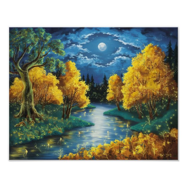 Serene Herbstnacht Landschaft Ölgemälde Fotodruck (Vorne)