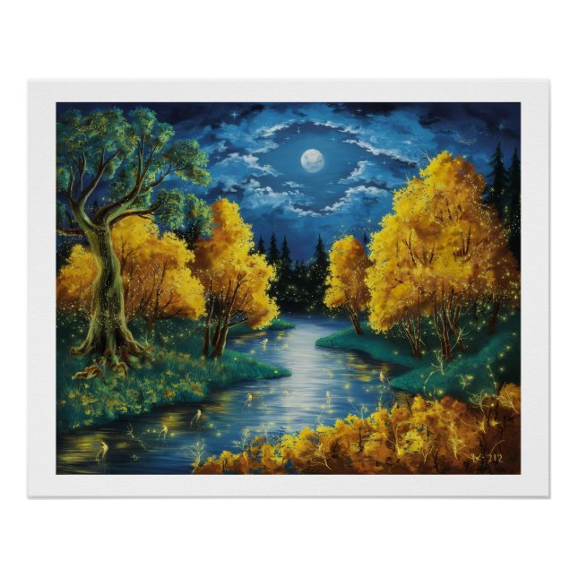 Serene Herbstnacht Landschaft Ölgemälde Poster (Vorderseite)