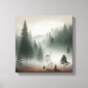 Serene Japandi-Nebelwald-Wandszene Minimalistische Leinwanddruck