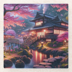 Serene Japanese Garden at Twilight Painting Glasuntersetzer