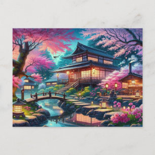 Serene Japanese Garden at Twilight Painting Postkarte