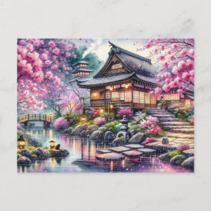 Serene Japanese Garden at Twilight Painting Postkarte