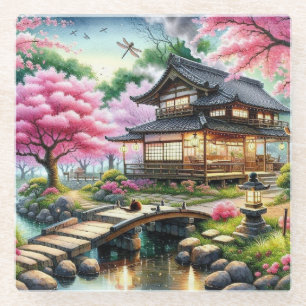 Serene Japanese Garden bei Dusk Painting Glasuntersetzer