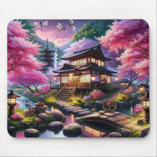 Serene Japanese Garden bei Dusk Painting Mousepad