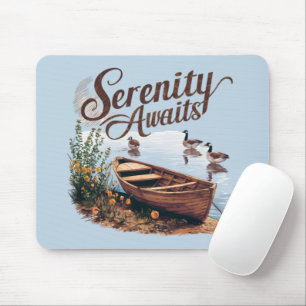 Serene Lake Boat mit Gänsen und Wildblumen Mousepad