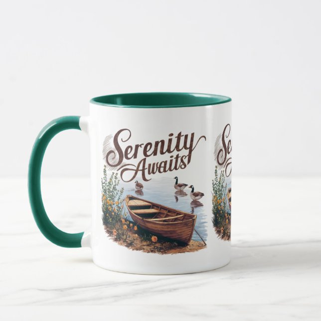 Serene Lake Boat mit Gänsen und Wildblumen Tasse (Links)