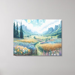 Serene Landschaft: blühende Blume und Berge Leinwanddruck