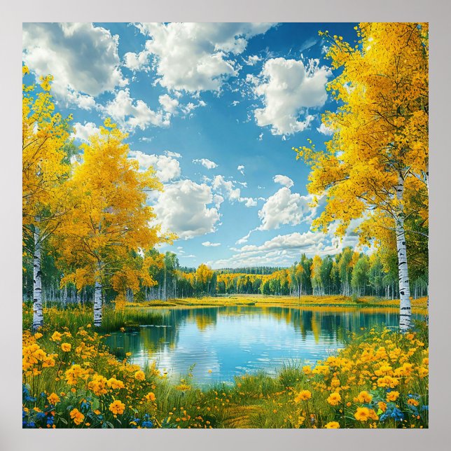 Serene Landschaftliche Seenlandschaft mit gelbem F Poster (Vorne)