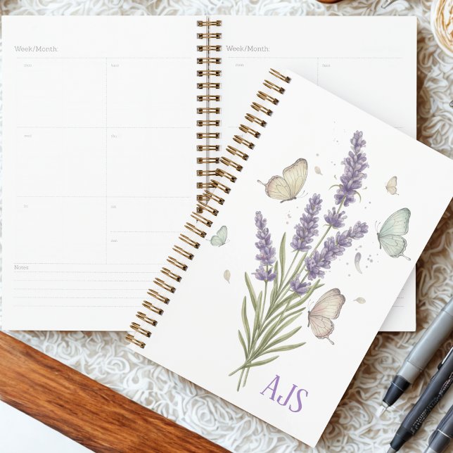 Serene Lavendel-Wasserfarben-Schmetterling-Blumen Planer (Lavender botanical stems and butterflies for a special teacher graduation — gift idea for her)