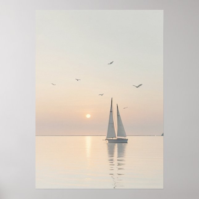 Serene Minimalistisch Segelboot Calm Waters Sunris Poster (Vorne)