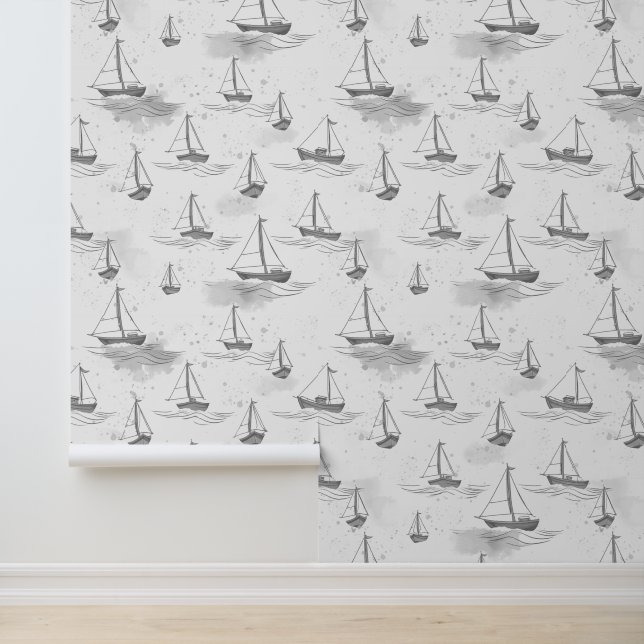 Serene monochromatische Segelboote Muster Tapete (Anwendung)