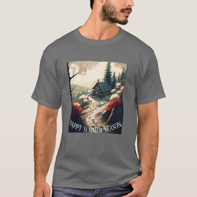 Serene Mountain Cabin Landschaft Sommersaison T-Shirt (Vorderseite)
