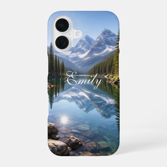 Serene Mountain Lake Landscape Personalized Name  iPhone 16 Hülle (Rückseite)