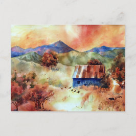 Serene Mountain Watercolor Farm Scene Postkarte