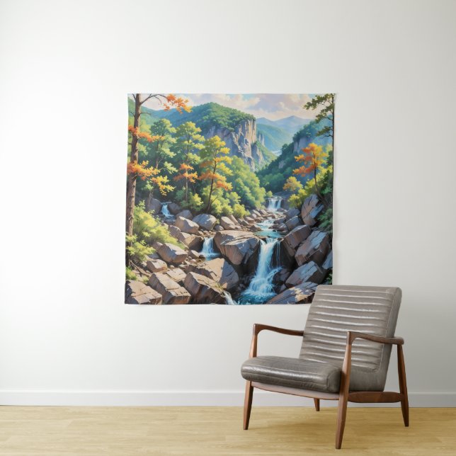 Serene Mountain Waterfall Landschaft Wandteppich (Beispiel)
