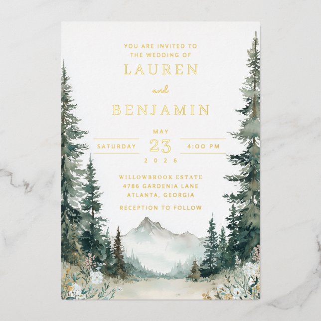 Serene Mountain Wedding Folieneinladung (Vorderseite)