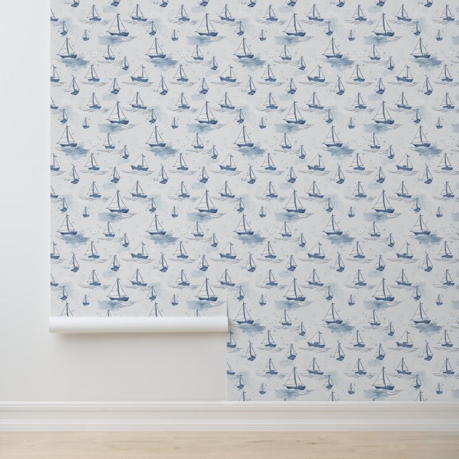 Serene Navy Blue Small Sailing Boote Muster Tapete (Anwendung)