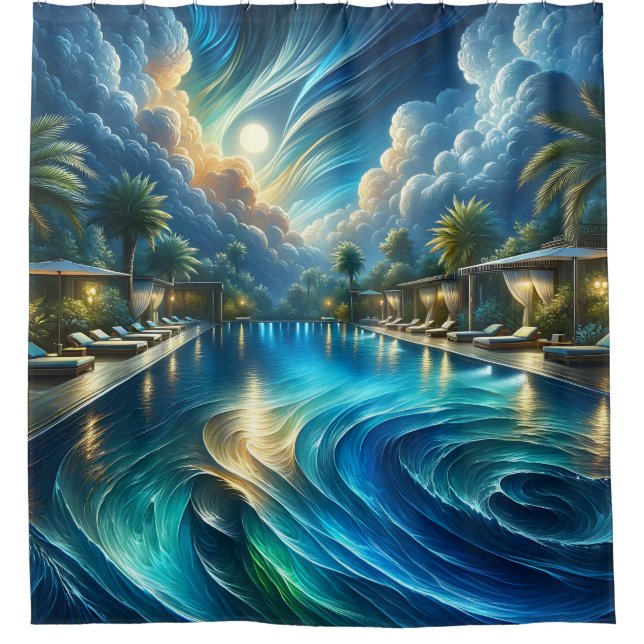 "Serene Night Pool Scene - Lebhafte Outdoor Art" Duschvorhang (Vorderseite)