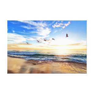 Serene Ocean Sunrise Birds Blue Sky Golden Shore Leinwanddruck